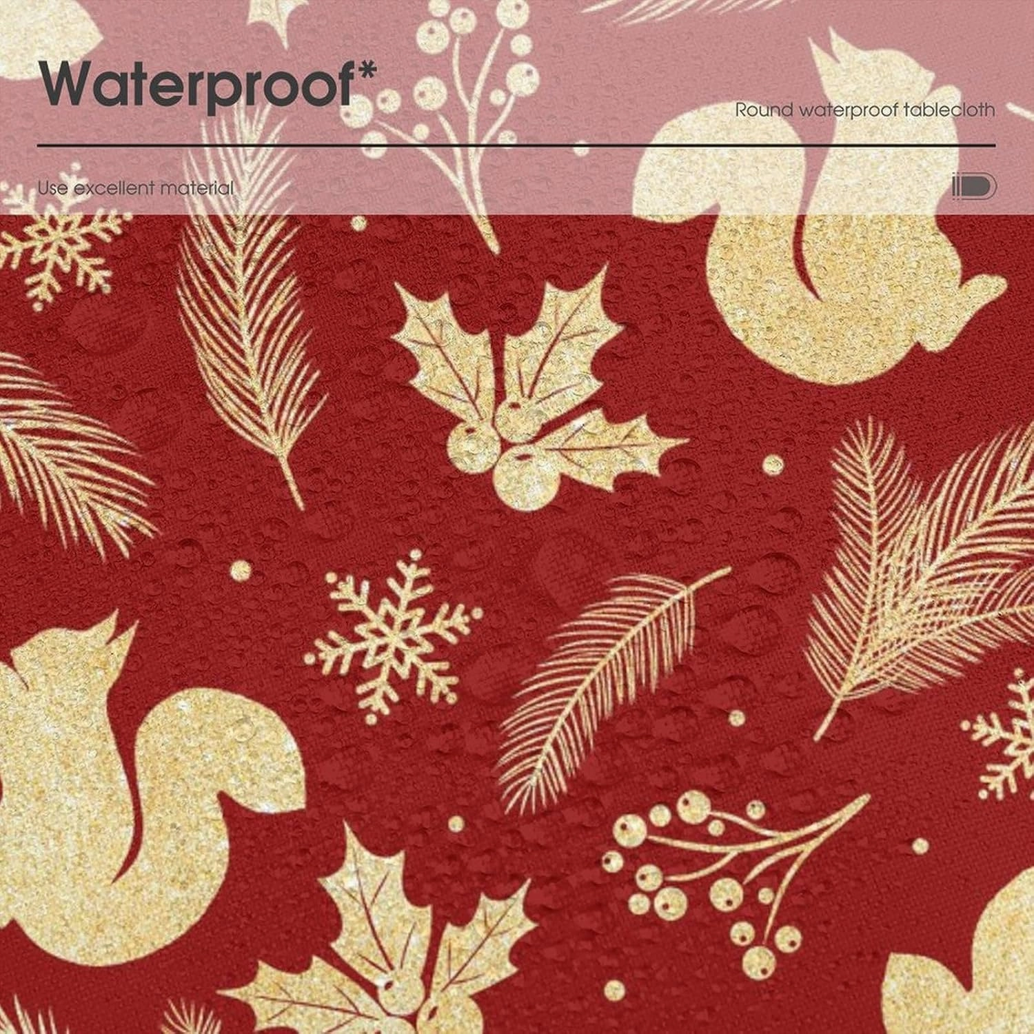 MoBlinko Christmas Gold Squirrel Round Table Cloth Holly Berries Snowflake Polyester Tablecloth 70x70in Waterproof Tablecloth Dinning Table Cover for Indoor Outdoor Party Picnic