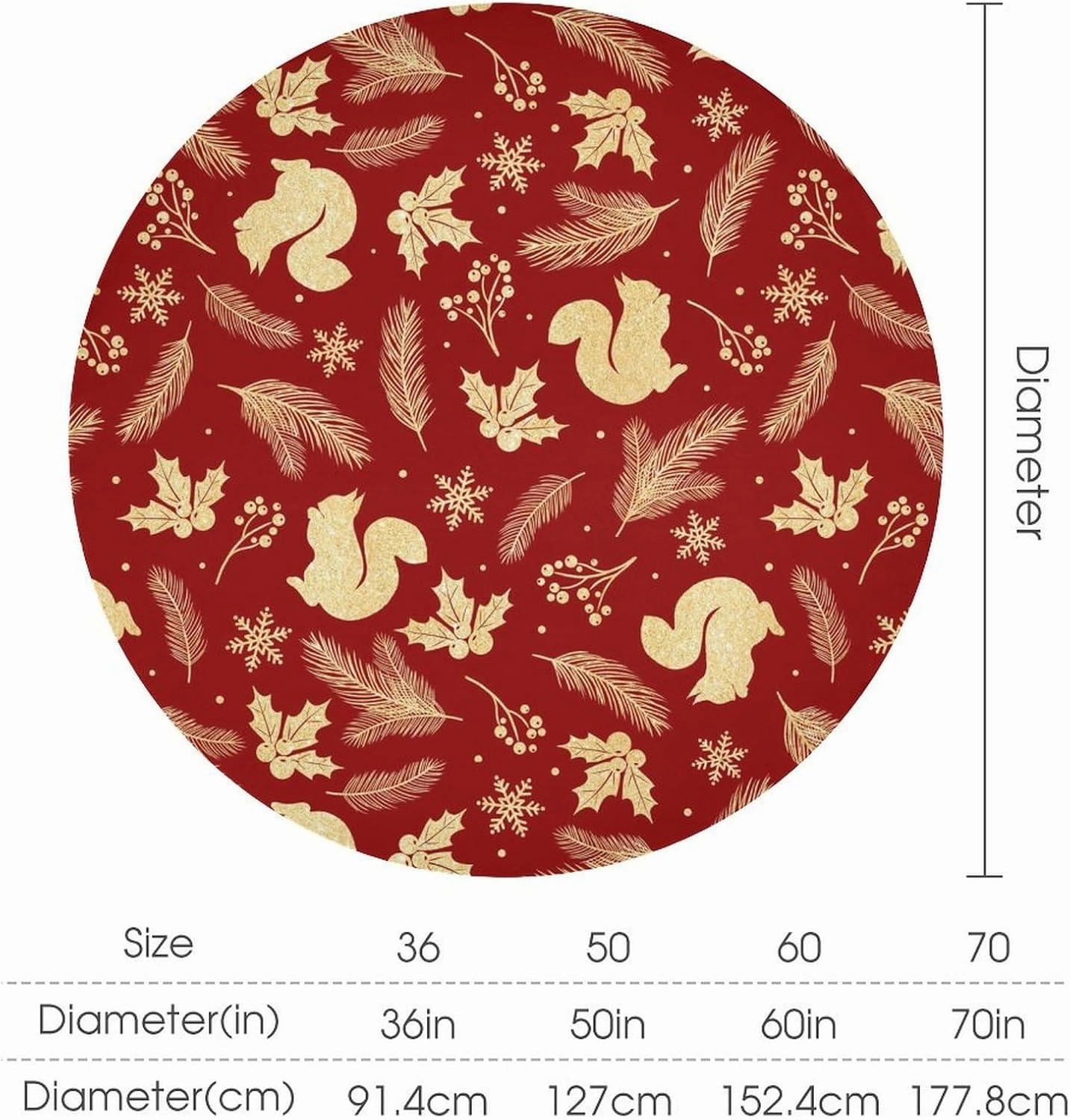 MoBlinko Christmas Gold Squirrel Round Table Cloth Holly Berries Snowflake Polyester Tablecloth 70x70in Waterproof Tablecloth Dinning Table Cover for Indoor Outdoor Party Picnic