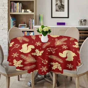 MoBlinko Christmas Gold Squirrel Round Table Cloth Holly Berries Snowflake Polyester Tablecloth 70x70in Waterproof Tablecloth Dinning Table Cover for Indoor Outdoor Party Picnic