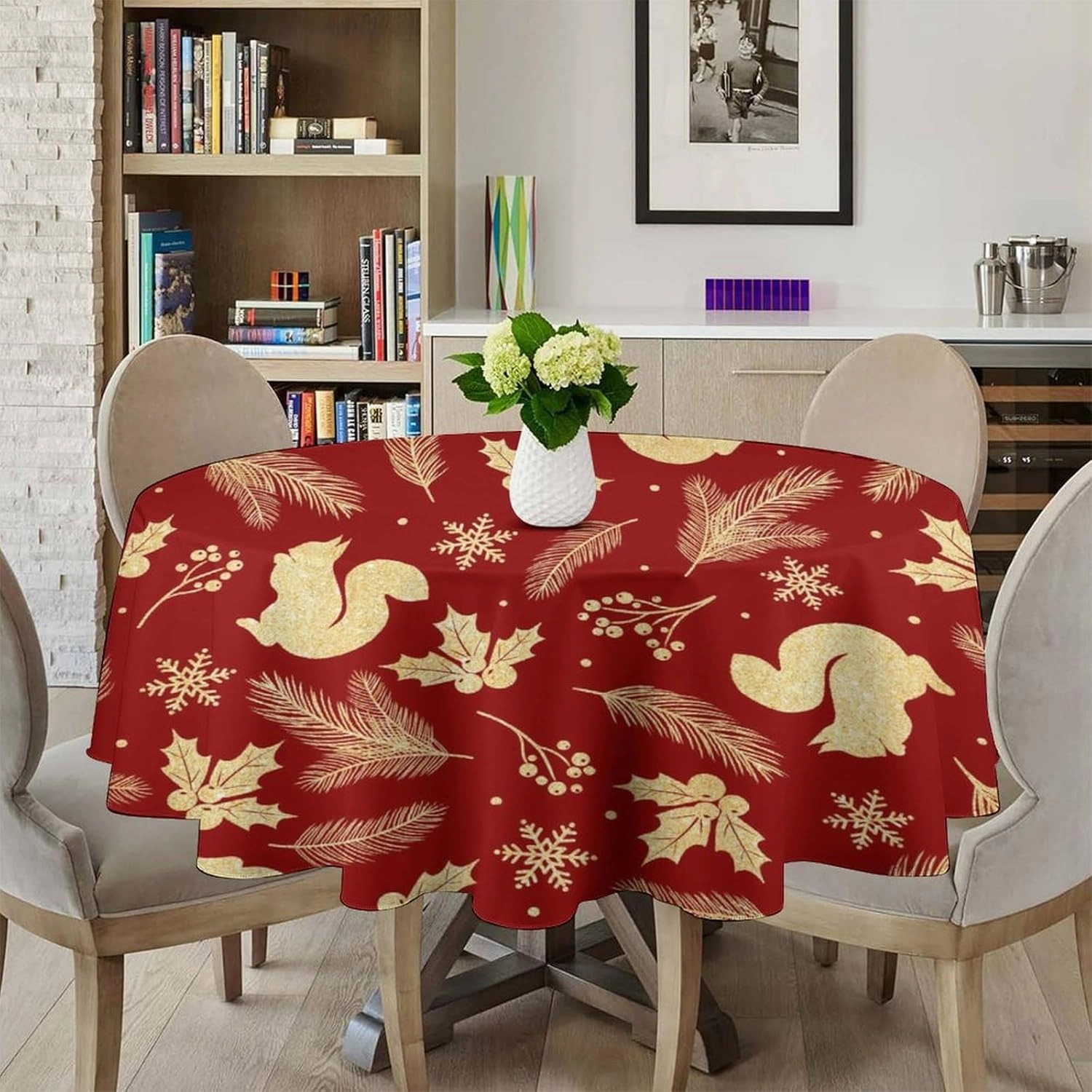 MoBlinko Christmas Gold Squirrel Round Table Cloth Holly Berries Snowflake Polyester Tablecloth 70x70in Waterproof Tablecloth Dinning Table Cover for Indoor Outdoor Party Picnic