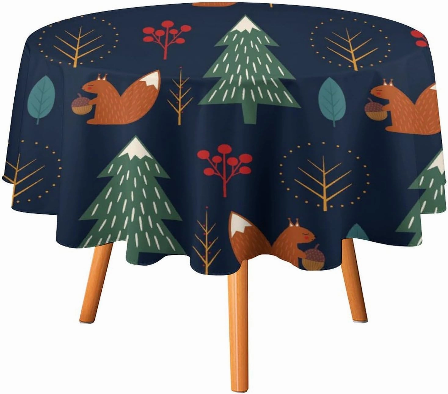 MoBlinko Scandinavian Squirrel Table Cloth Round Christmas Tree Reusable Tablecloth 70x70in Waterproof Outdoor Tablecloth Table Cover for Kitchen Party Picnic Dining Decor