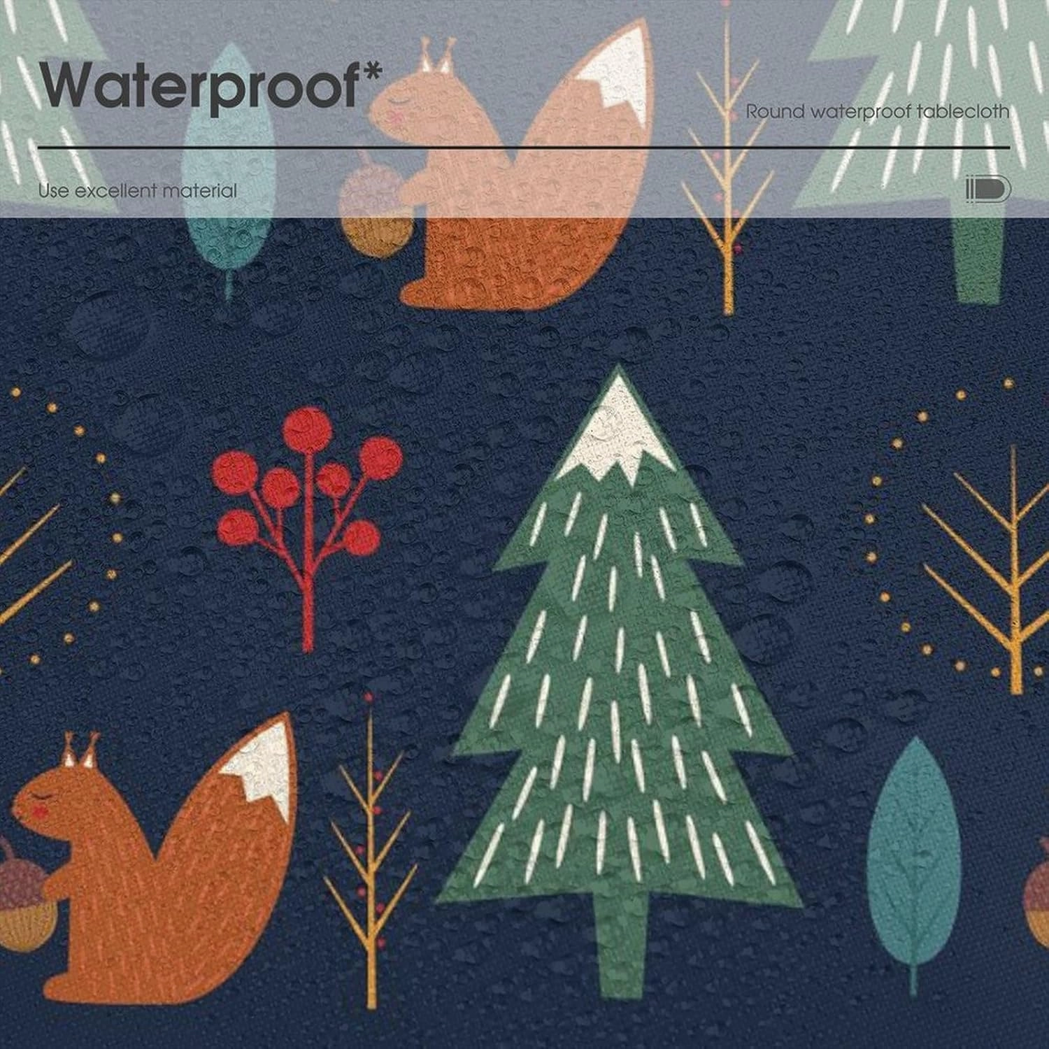 MoBlinko Scandinavian Squirrel Table Cloth Round Christmas Tree Reusable Tablecloth 70x70in Waterproof Outdoor Tablecloth Table Cover for Kitchen Party Picnic Dining Decor
