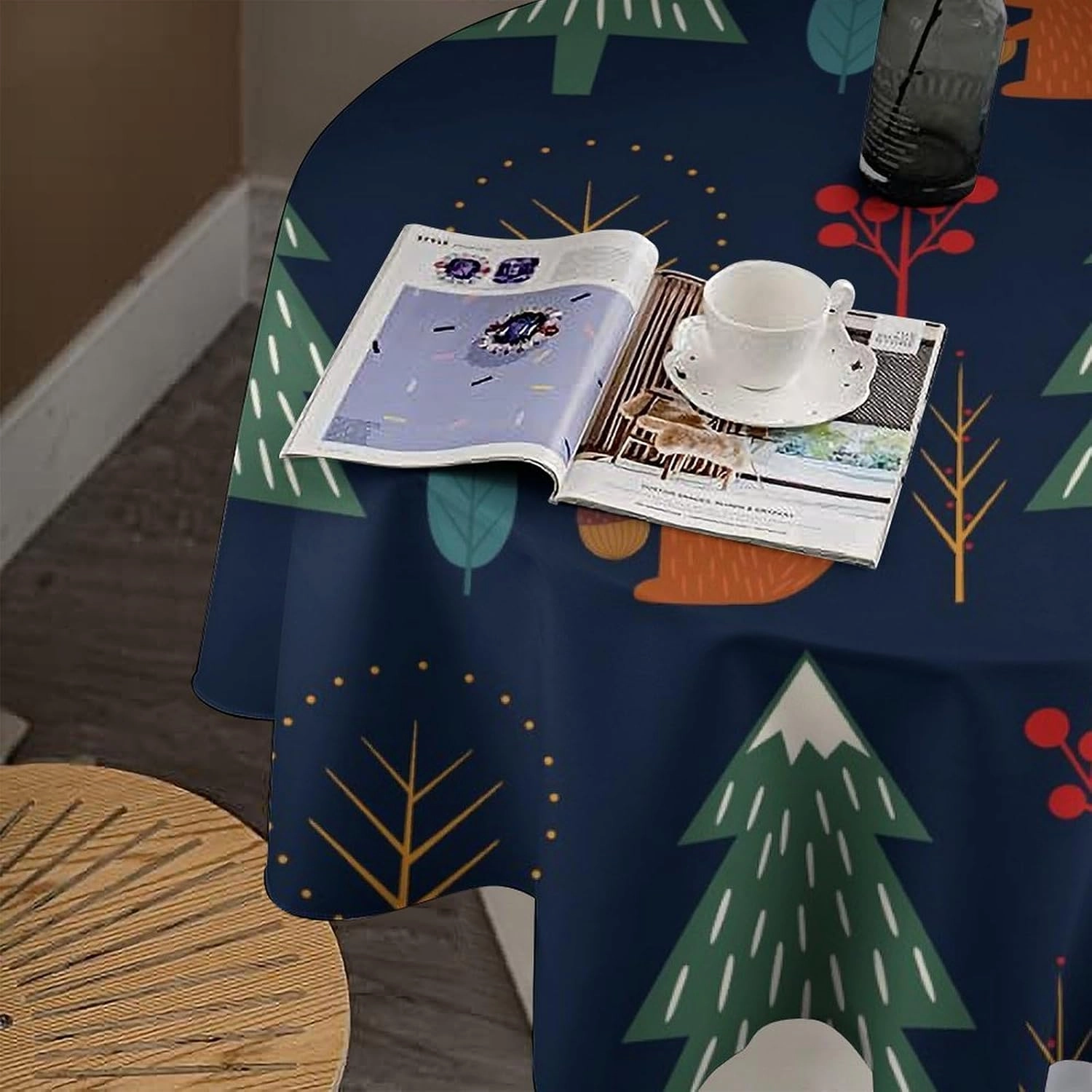 MoBlinko Scandinavian Squirrel Table Cloth Round Christmas Tree Reusable Tablecloth 70x70in Waterproof Outdoor Tablecloth Table Cover for Kitchen Party Picnic Dining Decor