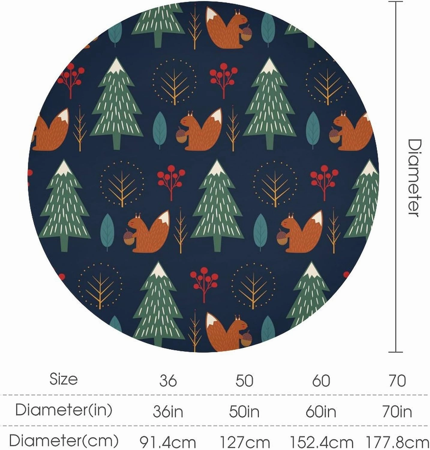 MoBlinko Scandinavian Squirrel Table Cloth Round Christmas Tree Reusable Tablecloth 70x70in Waterproof Outdoor Tablecloth Table Cover for Kitchen Party Picnic Dining Decor