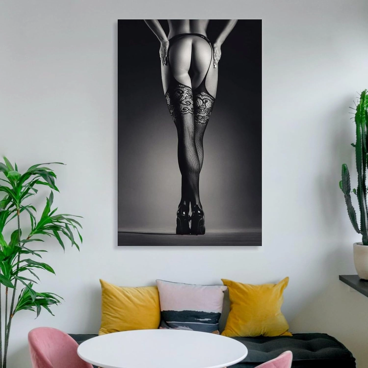 Modern Abstract Woman Sexy High Heels Legs Fishnet Stockings Canvas Wall Art Posters For Room Aesthetic And Decor Poster For Bedroom Bathroom Living Room Office Kitchen Decor 12x18inch(30x45cm)Unframe