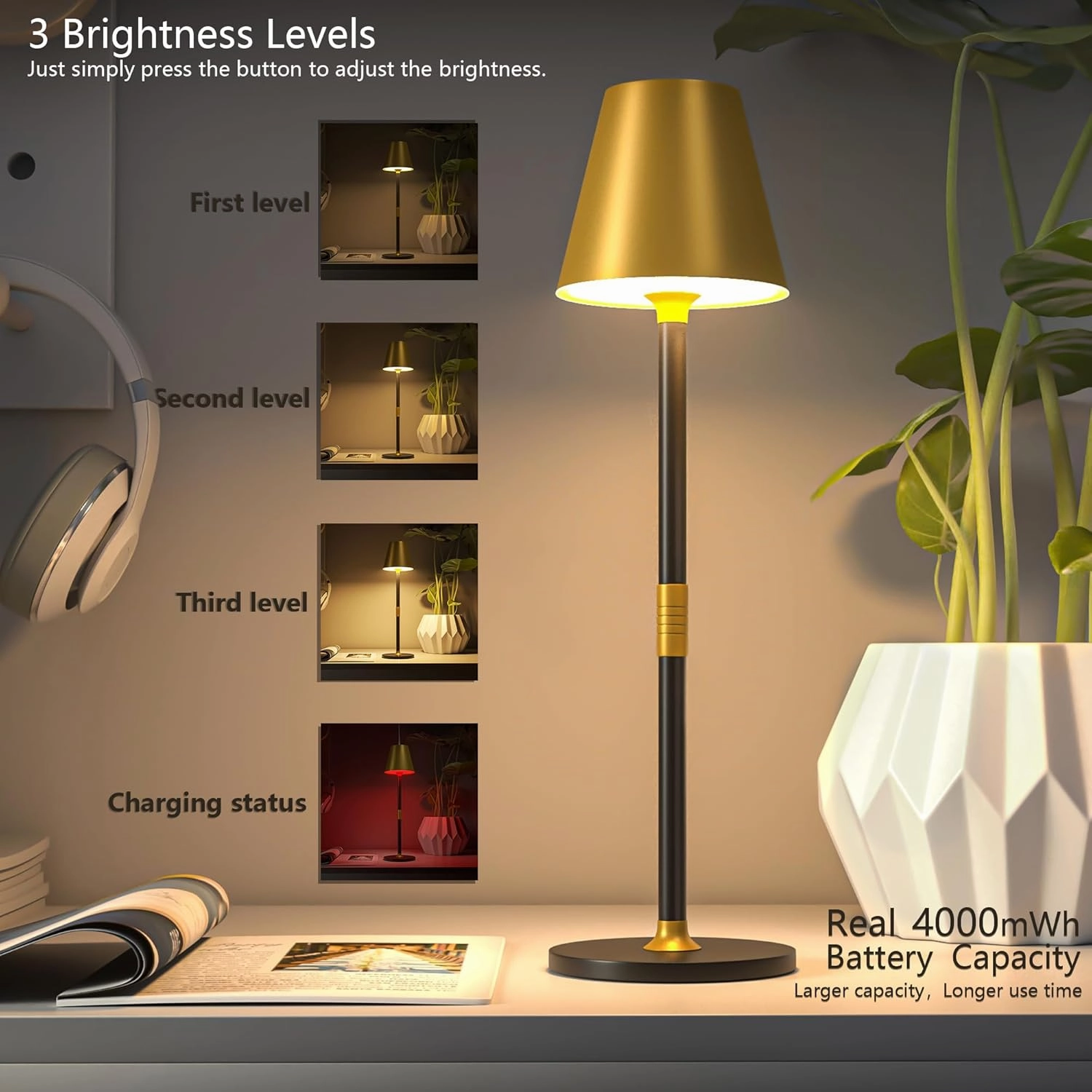 Modern LED CordlessTable Lamp,4000mAh Rechargeable Battery Desk lamp,3 Level Brightness Kitchen Light, Portable,Minimalist Design, for Couple Dinner/Coffee Table/Restaurant/Bedroom(Gold&Black 2pack)