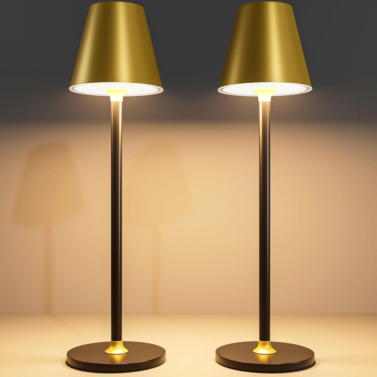 Modern LED CordlessTable Lamp,4000mAh Rechargeable Battery Desk lamp,3 Level Brightness Kitchen Light, Portable,Minimalist Design, for Couple Dinner/Coffee Table/Restaurant/Bedroom(Gold&Black 2pack)