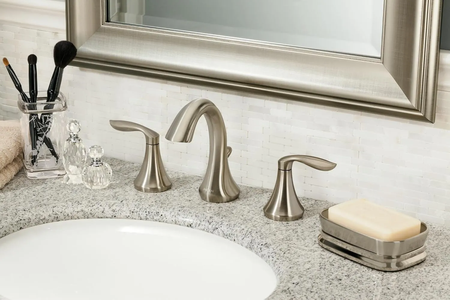 Moen Eva Brushed Nickel Two-Handle High Arc Widespread Bathroom Sink Faucet for 3-Hole Setups with Valve Included, TV6420BN