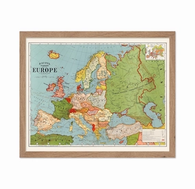 Monem Art Vintage Illustration Poster - Retro History Print - Gift for Artist, Friend - Bacon's Standard Map Of Europe, Time Zones, Colorful - Wall Decor for Home, Office, 11x14 Beige Framed