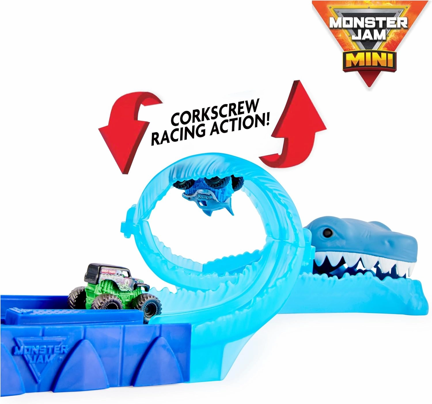 Monster Jam, Mini Megalodon Race and Chomp Playset with 2 Monster Jam Mini Trucks, 1:87 Scale, Kids Toys for Boys and Girls Ages 4-6 