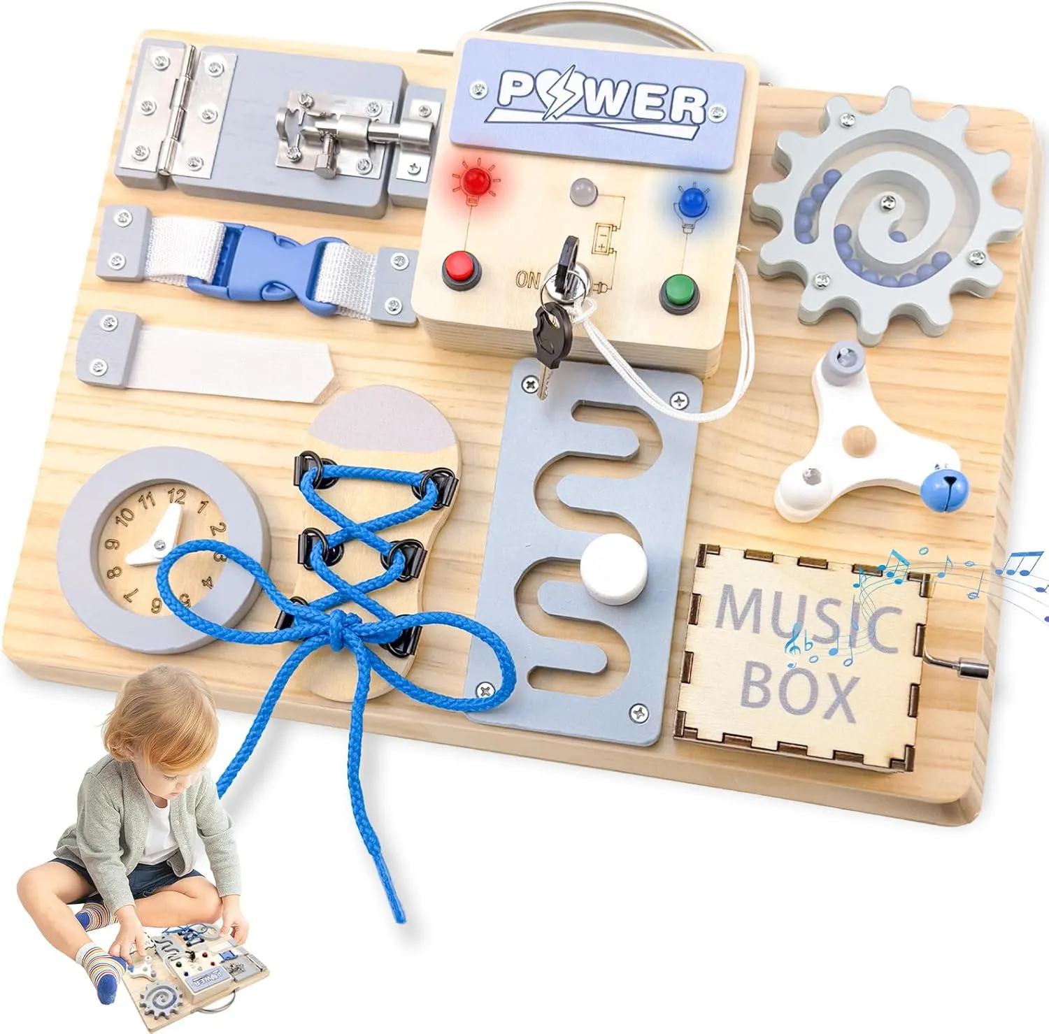 Montessori Busy Board for 1 2 3 4 Year Old, Toddler Busy Board, Sensory Activity Board with LED Light Switch, Wooden Educational Toy for Fine Motor Skills, Gifts for Baby Boys & Girls