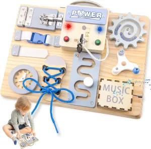 Montessori Busy Board for 1 2 3 4 Year Old, Toddler Busy Board, Sensory Activity Board with LED Light Switch, Wooden Educational Toy for Fine Motor Skills, Gifts for Baby Boys & Girls