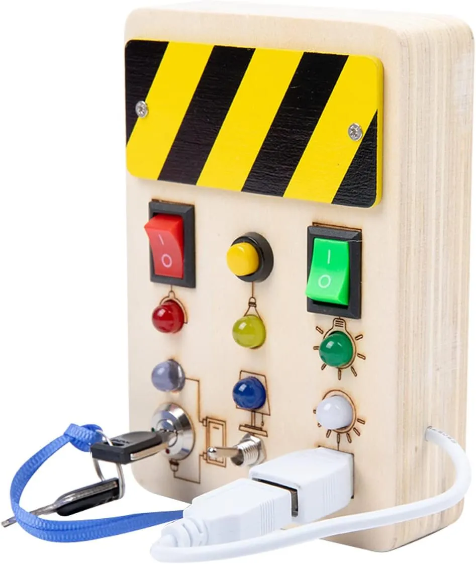 Montessori Square Busy Board-LED Light Switch Toys for Toddlers with Pluggable Wire and Key,Sensory Board Toy,Baby Activity Button Toy,Montessori Toys for 3  Year Old,Travel Toy Gifts for Boys Girls