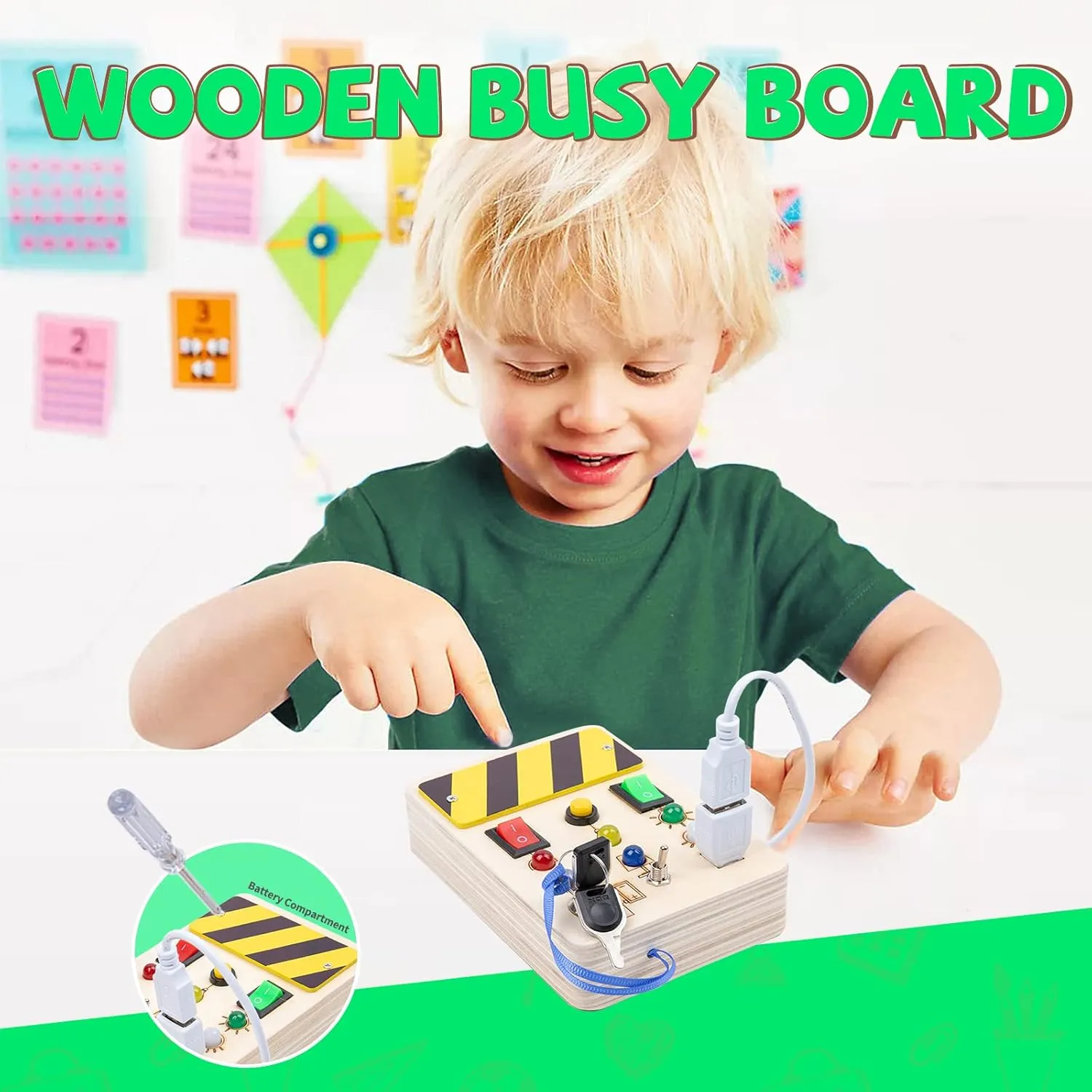 Montessori Square Busy Board-LED Light Switch Toys for Toddlers with Pluggable Wire and Key,Sensory Board Toy,Baby Activity Button Toy,Montessori Toys for 3  Year Old,Travel Toy Gifts for Boys Girls