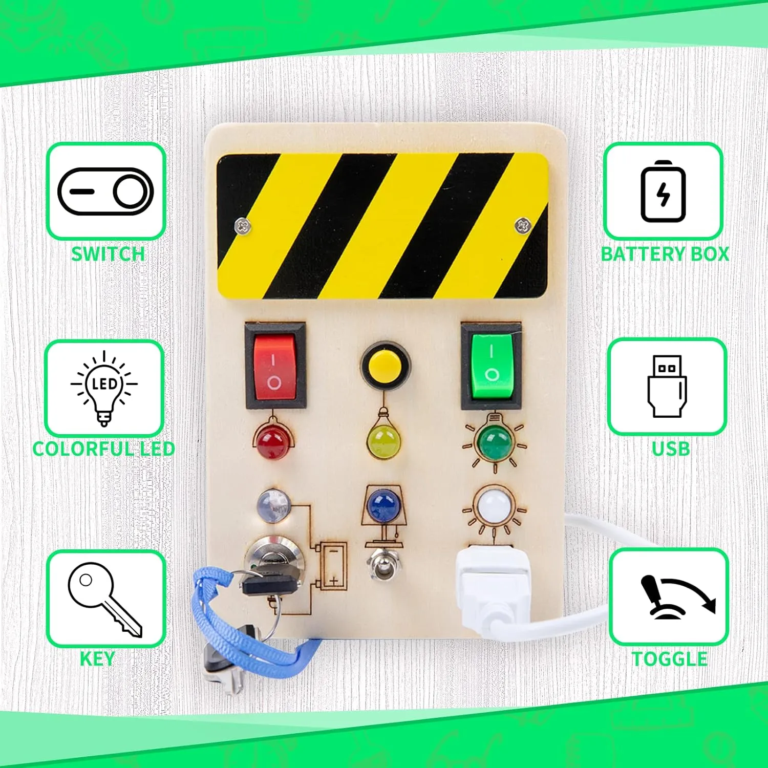 Montessori Square Busy Board-LED Light Switch Toys for Toddlers with Pluggable Wire and Key,Sensory Board Toy,Baby Activity Button Toy,Montessori Toys for 3  Year Old,Travel Toy Gifts for Boys Girls