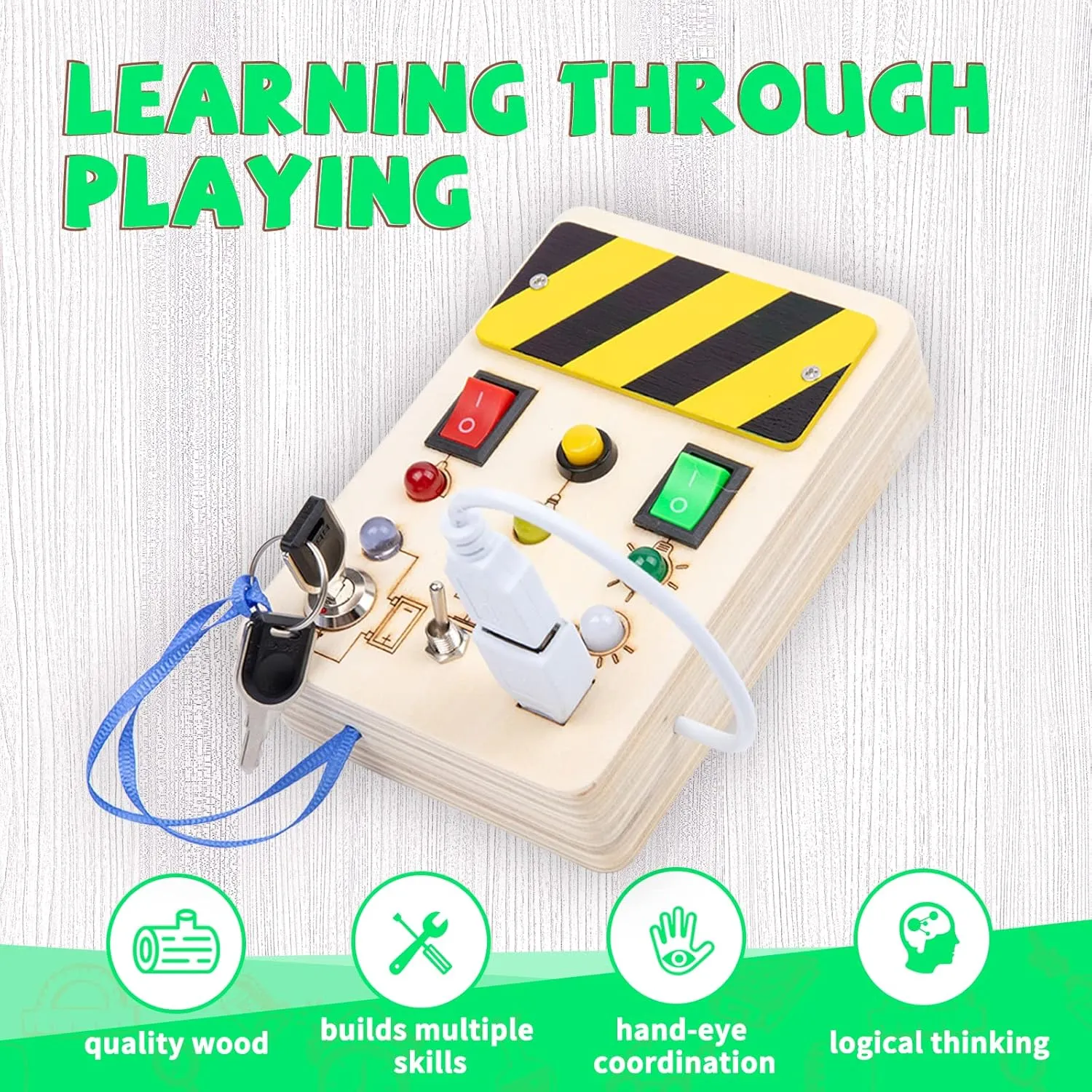 Montessori Square Busy Board-LED Light Switch Toys for Toddlers with Pluggable Wire and Key,Sensory Board Toy,Baby Activity Button Toy,Montessori Toys for 3  Year Old,Travel Toy Gifts for Boys Girls