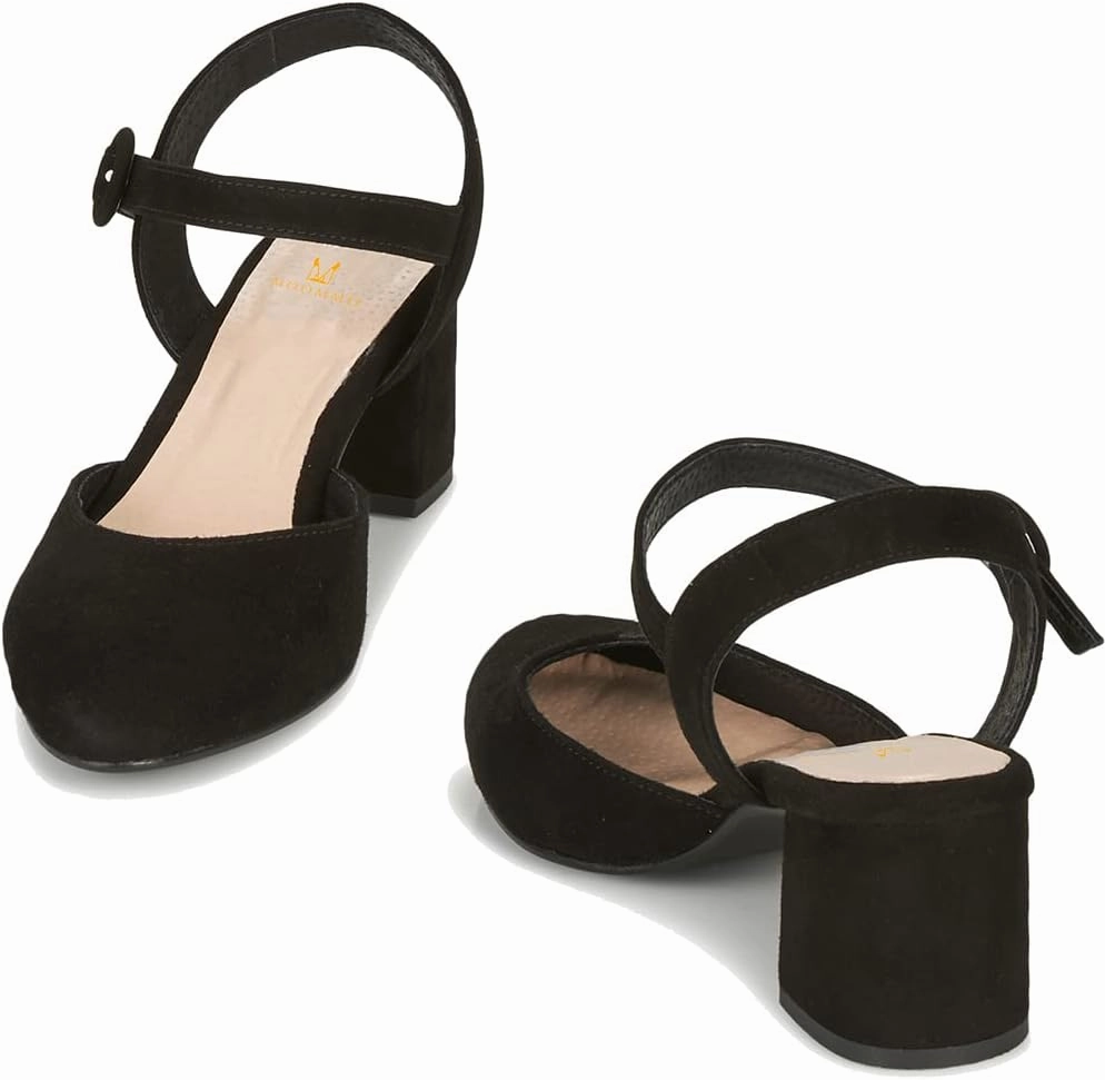 MOOMMO Women Slingback Low Chunky Heels Pumps Shoes Ankle Strap Closed Round Toe Dress Sandals Cutout Backless 2" Block Heel Dress Shoe Suede for Office Lady Wedding Party Comfortable Spring 4-11 M US