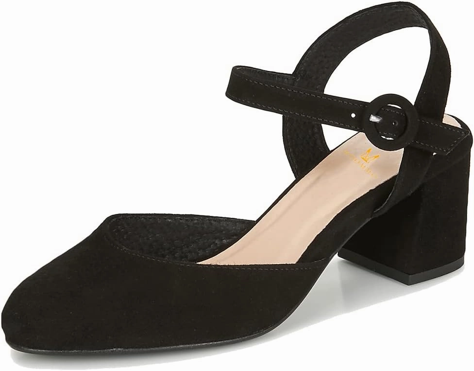 MOOMMO Women Slingback Low Chunky Heels Pumps Shoes Ankle Strap Closed Round Toe Dress Sandals Cutout Backless 2" Block Heel Dress Shoe Suede for Office Lady Wedding Party Comfortable Spring 4-11 M US