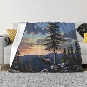 Moose Mountain Pine Tree Wilderness Printed Flannel Blanket 40x30 inches for Bed Couch Sofa Office, Anti-Pilling Warm Throw Blankets for All Seasons