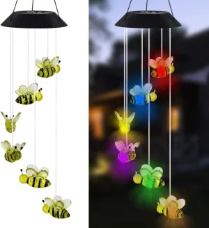 MorTime LED Solar Bee Wind Chime, 25" Mobile Hanging Wind Chime for Home Garden Decoration, Automatic Light Changing Color(Honeybee)