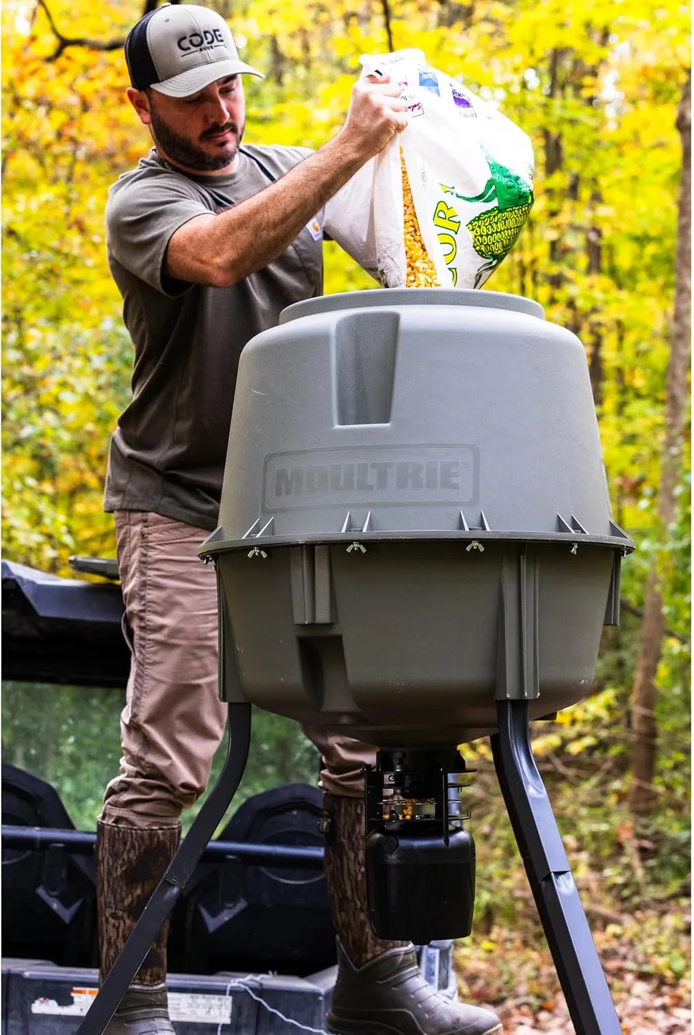 Moultrie 30-Gallon Deer Feeder Tripod Quick-Lock Hopper System - Digital Timer Control - 200 lb Feed Capacity - Durable Polymer Build - Metal Spin Plate