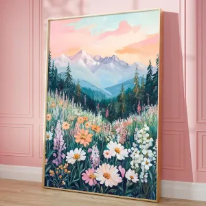 Mountain Wildflower Painting Colorful Mountain Wall Art Vintage Botanical Picture Colorful Scenery Canvas Wildflower Abstract Artwork Watercolor Flower Picture Abstract Floral Poster 16x24in No Frame
