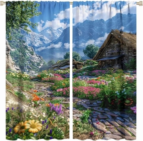 Mountain Cottage Flower Scenery Blackout Curtain, Prairie Beautiful Colorful Flowers Retro Cottage Blue Sky View Art Room Decorative Curtain, 2 Pieces Of Watercolor Theme For Teenagers 84x84in