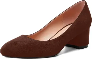 MOVINSTEPS Womens Office Dress Suede Slip On Round Toe Chunky Low Heel Pumps Shoes 2 Inch