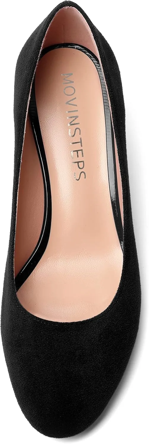 MOVINSTEPS Womens Office Dress Suede Slip On Round Toe Chunky Low Heel Pumps Shoes 2 Inch