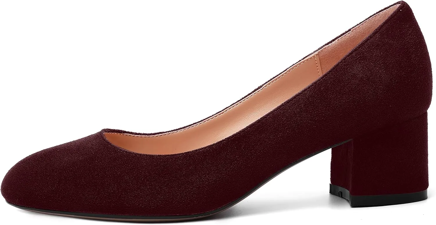 MOVINSTEPS Womens Office Dress Suede Slip On Round Toe Chunky Low Heel Pumps Shoes 2 Inch