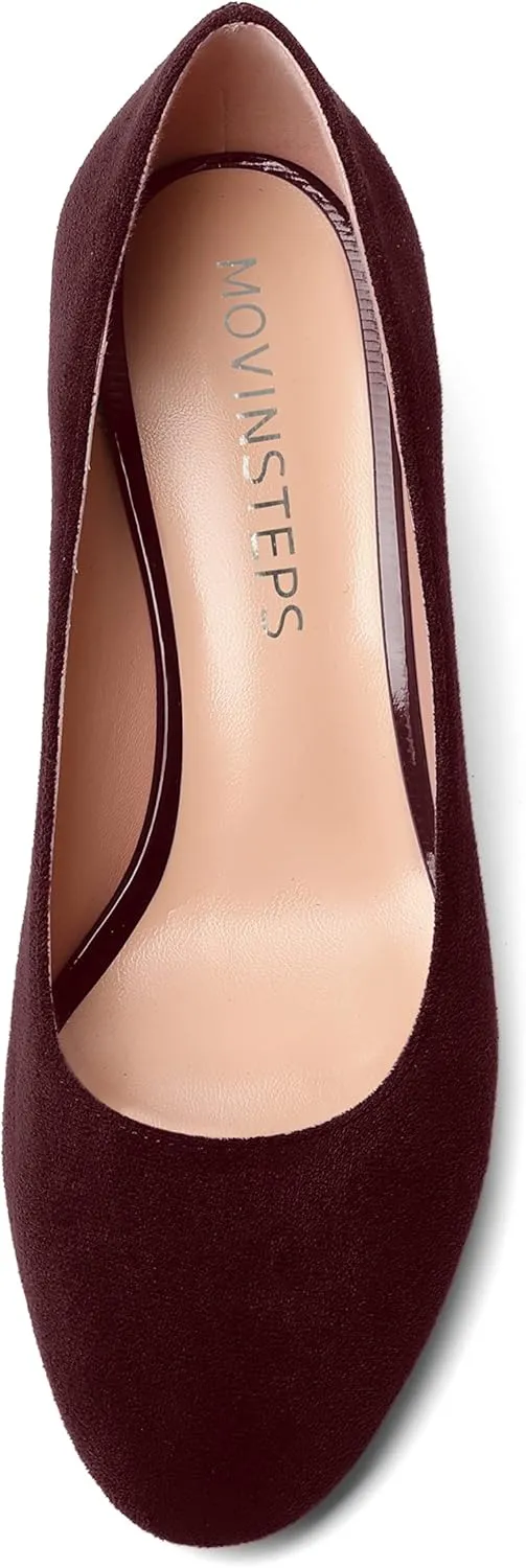 MOVINSTEPS Womens Office Dress Suede Slip On Round Toe Chunky Low Heel Pumps Shoes 2 Inch
