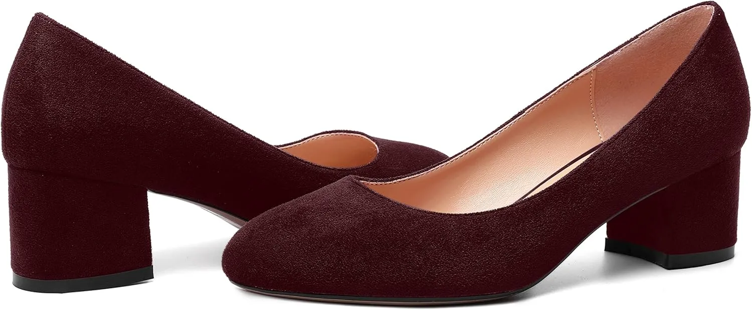 MOVINSTEPS Womens Office Dress Suede Slip On Round Toe Chunky Low Heel Pumps Shoes 2 Inch