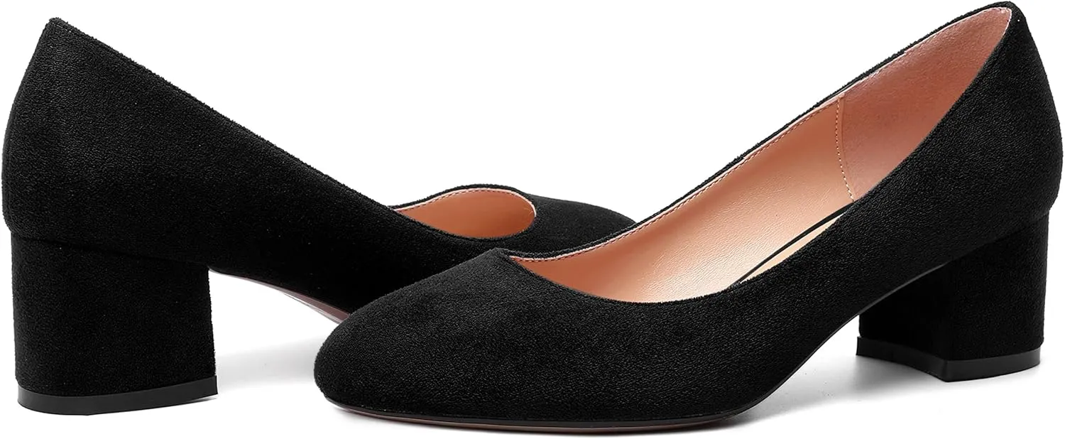 MOVINSTEPS Womens Office Dress Suede Slip On Round Toe Chunky Low Heel Pumps Shoes 2 Inch