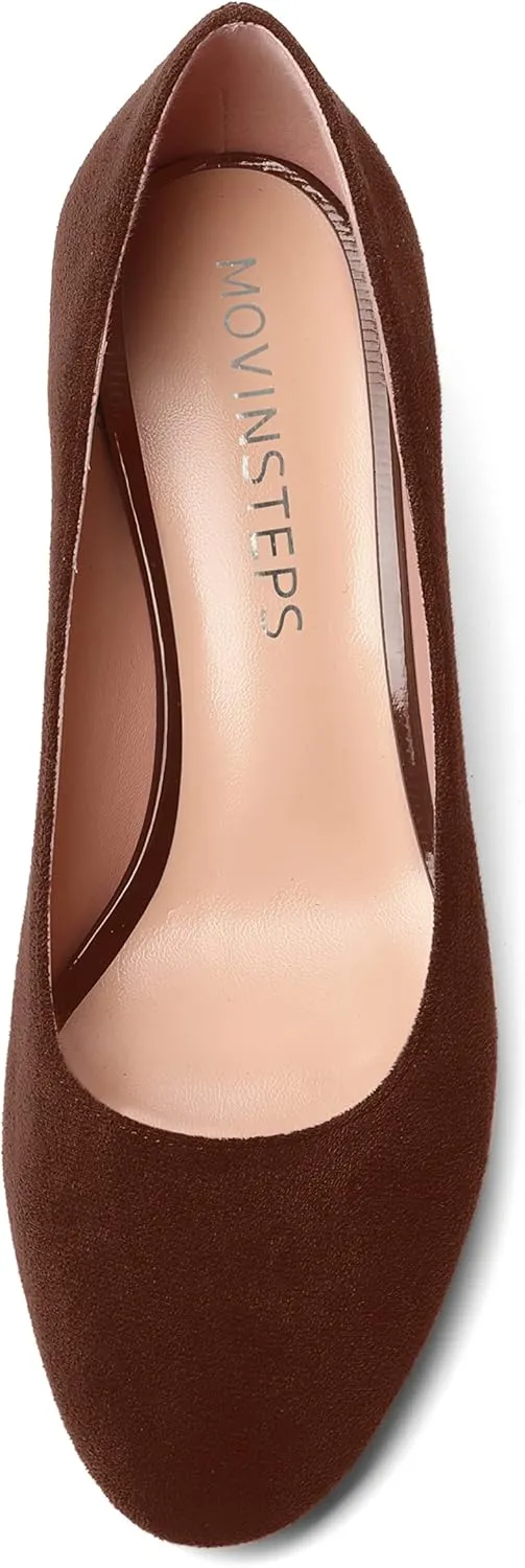 MOVINSTEPS Womens Office Dress Suede Slip On Round Toe Chunky Low Heel Pumps Shoes 2 Inch