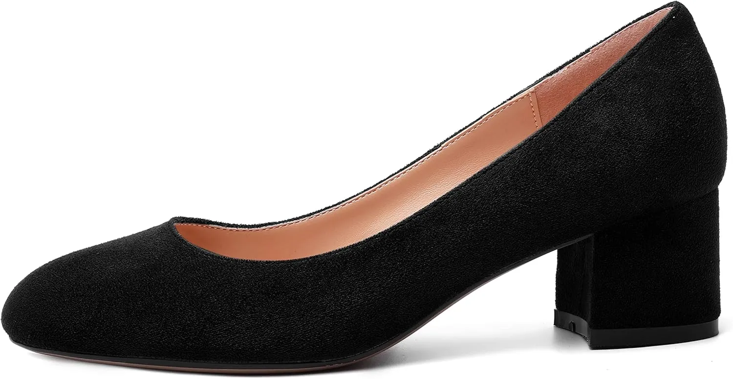 MOVINSTEPS Womens Office Dress Suede Slip On Round Toe Chunky Low Heel Pumps Shoes 2 Inch