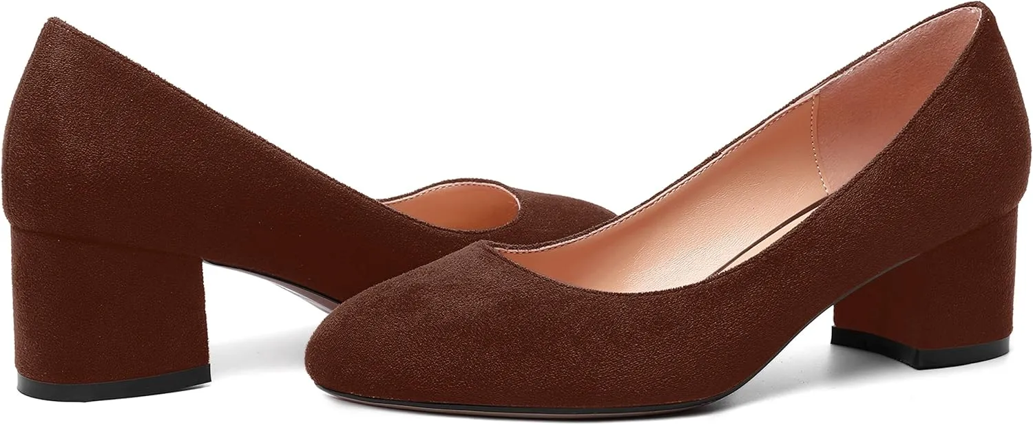MOVINSTEPS Womens Office Dress Suede Slip On Round Toe Chunky Low Heel Pumps Shoes 2 Inch