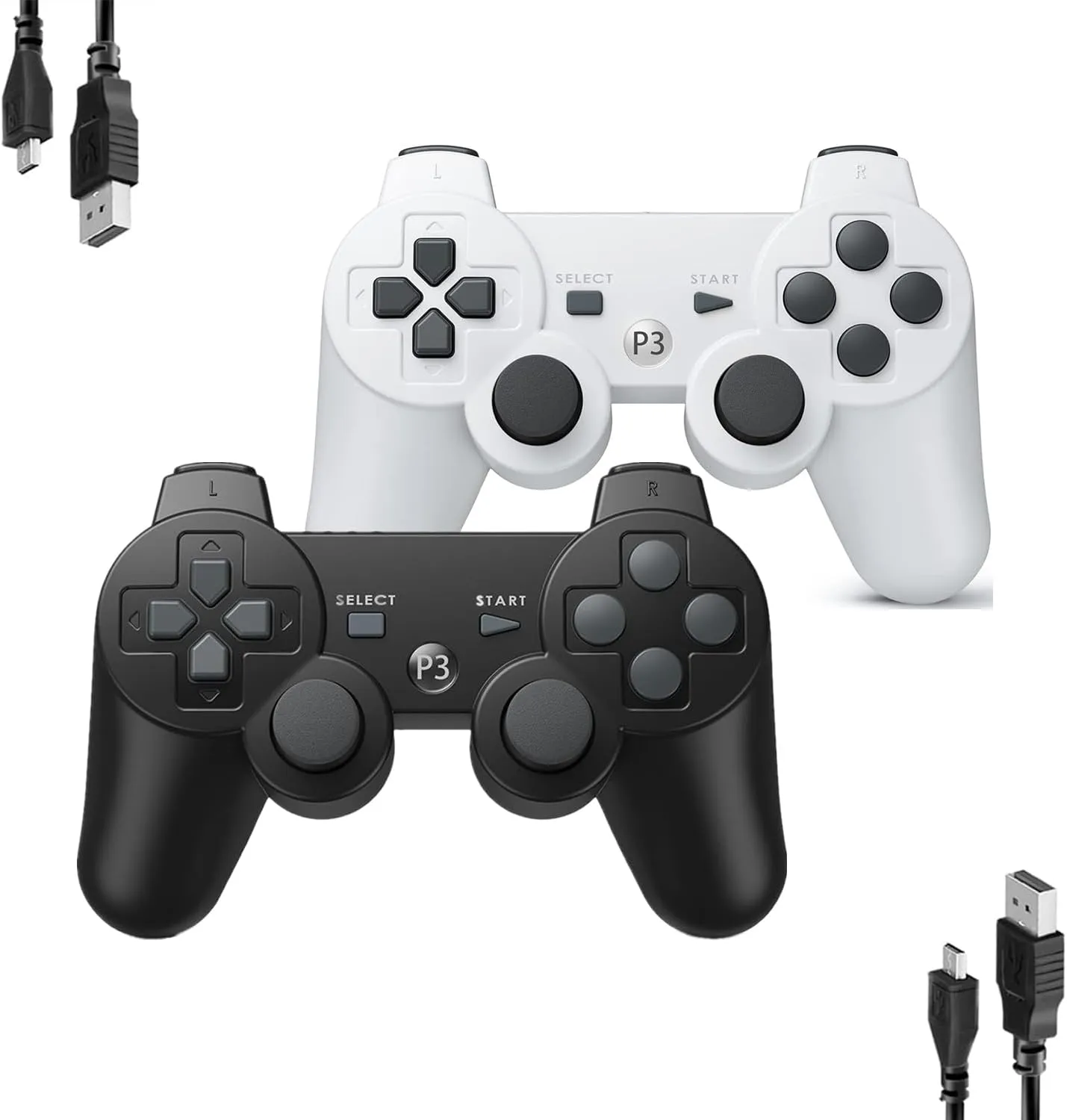 MOVONE wireless Controller for ps3 Rechargeable Game Wireless Controller 2 Pack with 2 Charging Cables, Compatible with Playstation3 (Black White)