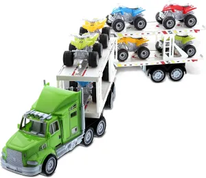 Mozlly Friction-Powered ATV Monster Truck Hauler Playset for Boys and Girls - Cute Monster Truck and Trailer Toy, Perfect ATV Car Carrier Toy for Kids, Monster Truck Playset Gift - Styles May Vary