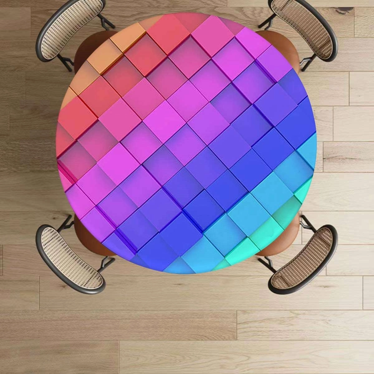 Multi Round Fitted Table Cloth Cover Elastic ​Edged Block Brick Like Geometric Round Tablecloth Tablecloths Elastic Fitted Indoor Outdoor Colorful Rainbow Color Fits up 45"-50" Diameter Tables