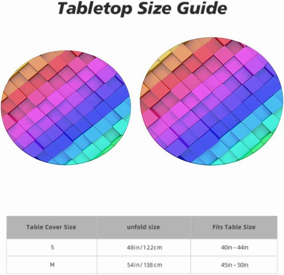 Multi Round Fitted Table Cloth Cover Elastic ​Edged Block Brick Like Geometric Round Tablecloth Tablecloths Elastic Fitted Indoor Outdoor Colorful Rainbow Color Fits up 45"-50" Diameter Tables