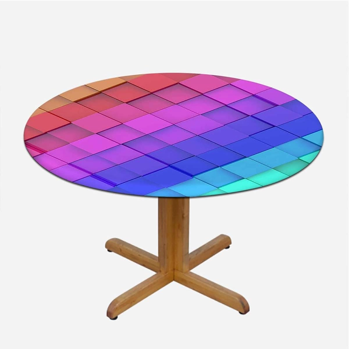 Multi Round Fitted Table Cloth Cover Elastic ​Edged Block Brick Like Geometric Round Tablecloth Tablecloths Elastic Fitted Indoor Outdoor Colorful Rainbow Color Fits up 45"-50" Diameter Tables