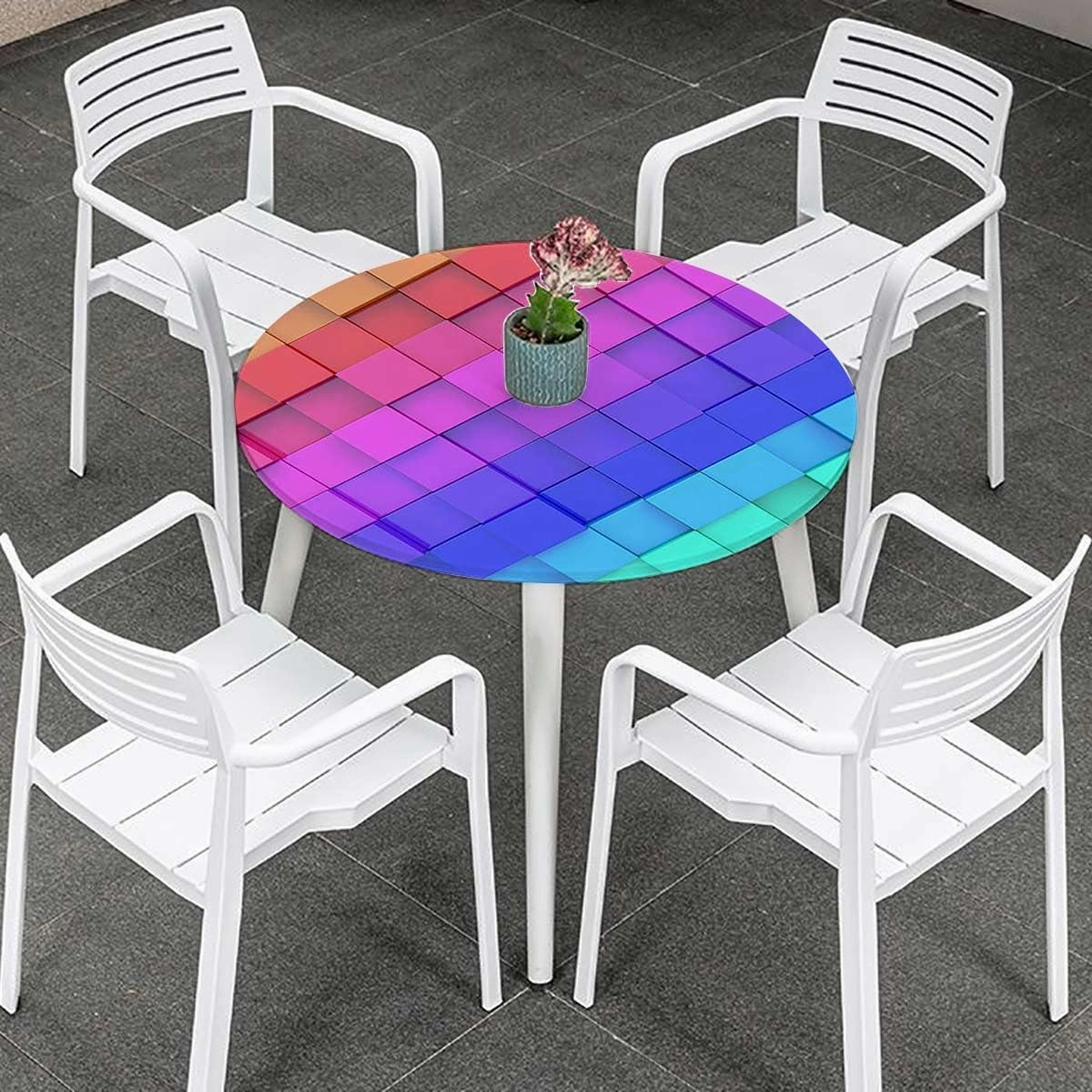 Multi Round Fitted Table Cloth Cover Elastic ​Edged Block Brick Like Geometric Round Tablecloth Tablecloths Elastic Fitted Indoor Outdoor Colorful Rainbow Color Fits up 45"-50" Diameter Tables