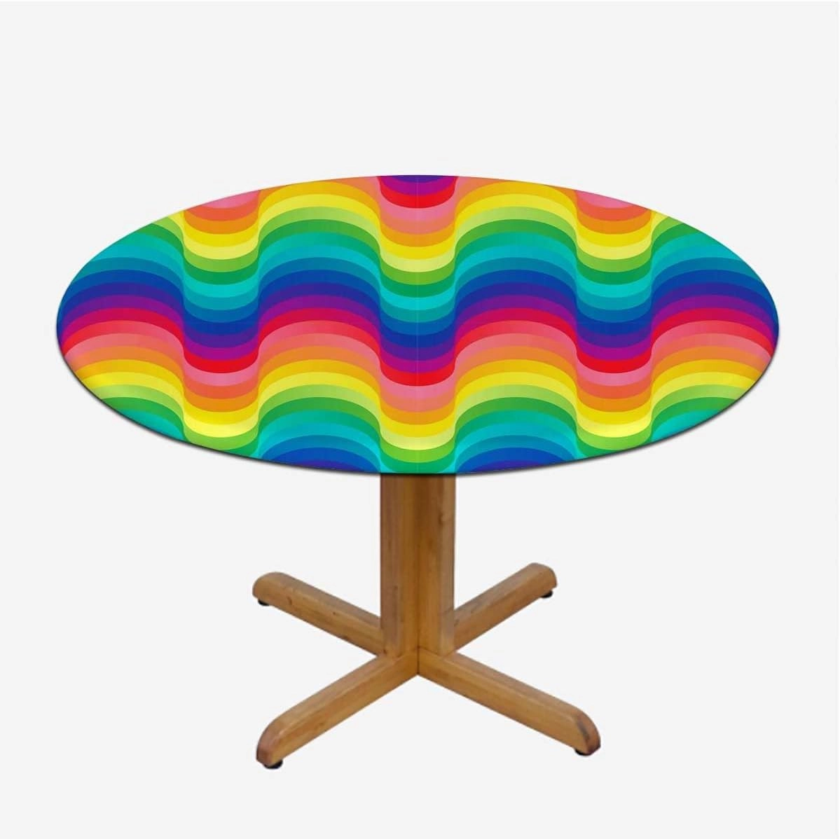 Multi Round Tablecloth with Elastic Edge Wavy Dimension Palette Stripes Soft-Touch Fitted Table Cloth, Waterproof Oil-Proof Table Cover Colorful Gradient Fit for 40"-43" Table