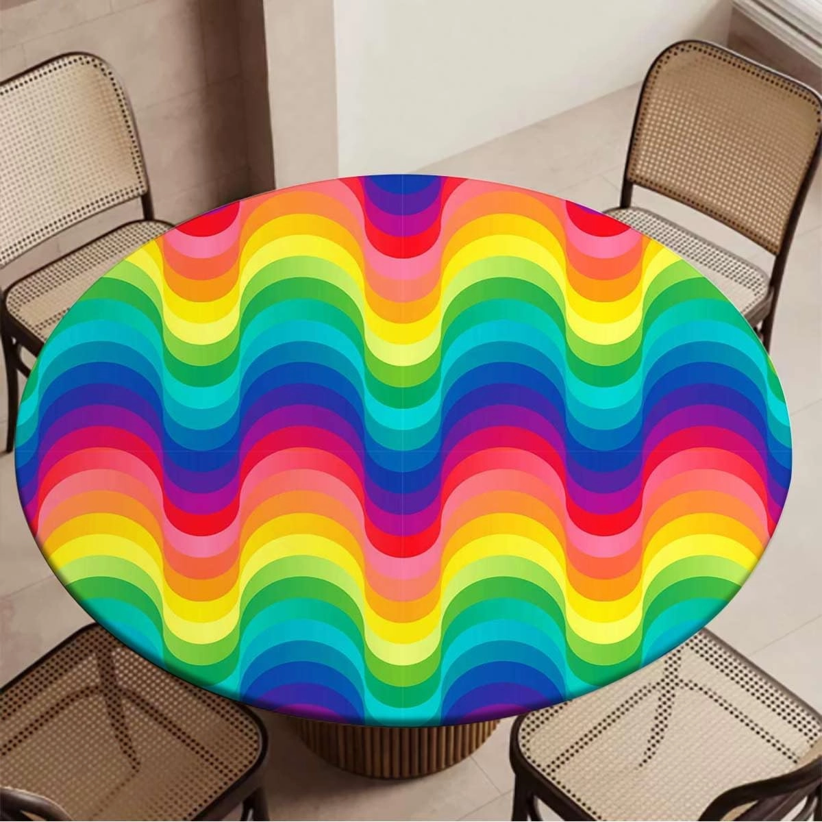 Multi Round Tablecloth with Elastic Edge Wavy Dimension Palette Stripes Soft-Touch Fitted Table Cloth, Waterproof Oil-Proof Table Cover Colorful Gradient Fit for 40"-43" Table