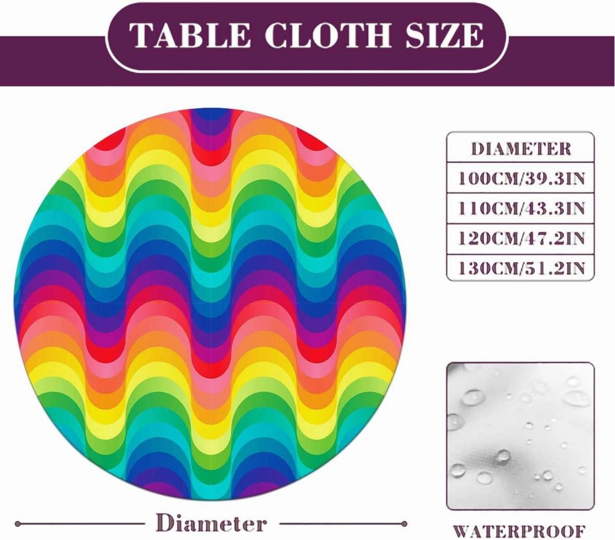 Multi Round Tablecloth with Elastic Edge Wavy Dimension Palette Stripes Soft-Touch Fitted Table Cloth, Waterproof Oil-Proof Table Cover Colorful Gradient Fit for 40"-43" Table