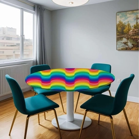Multi Round Tablecloth with Elastic Edge Wavy Dimension Palette Stripes Soft-Touch Fitted Table Cloth, Waterproof Oil-Proof Table Cover Colorful Gradient Fit for 40"-43" Table