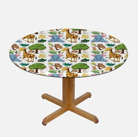 Multicolor Elastic Fitted Round Tablecloths Cartoon Colorful Jungle Animals for Kitchen Parties Wedding Indoor Holiday Dining Table Decor Pads Fit for 40"-43" Diameter Table Animals