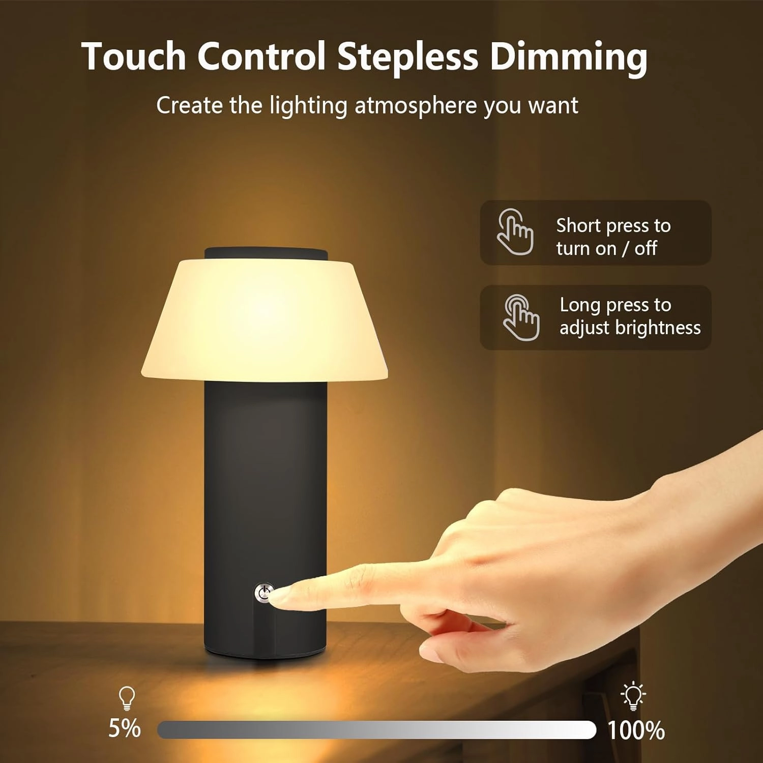 Mushroom Indoor/Outdoor Waterproof Shower LED Table Lamp - Battery Operated, Cordless, Portable, Rechargeable, Touch Dimming for Bedroom, Dinning, Patio (Black)