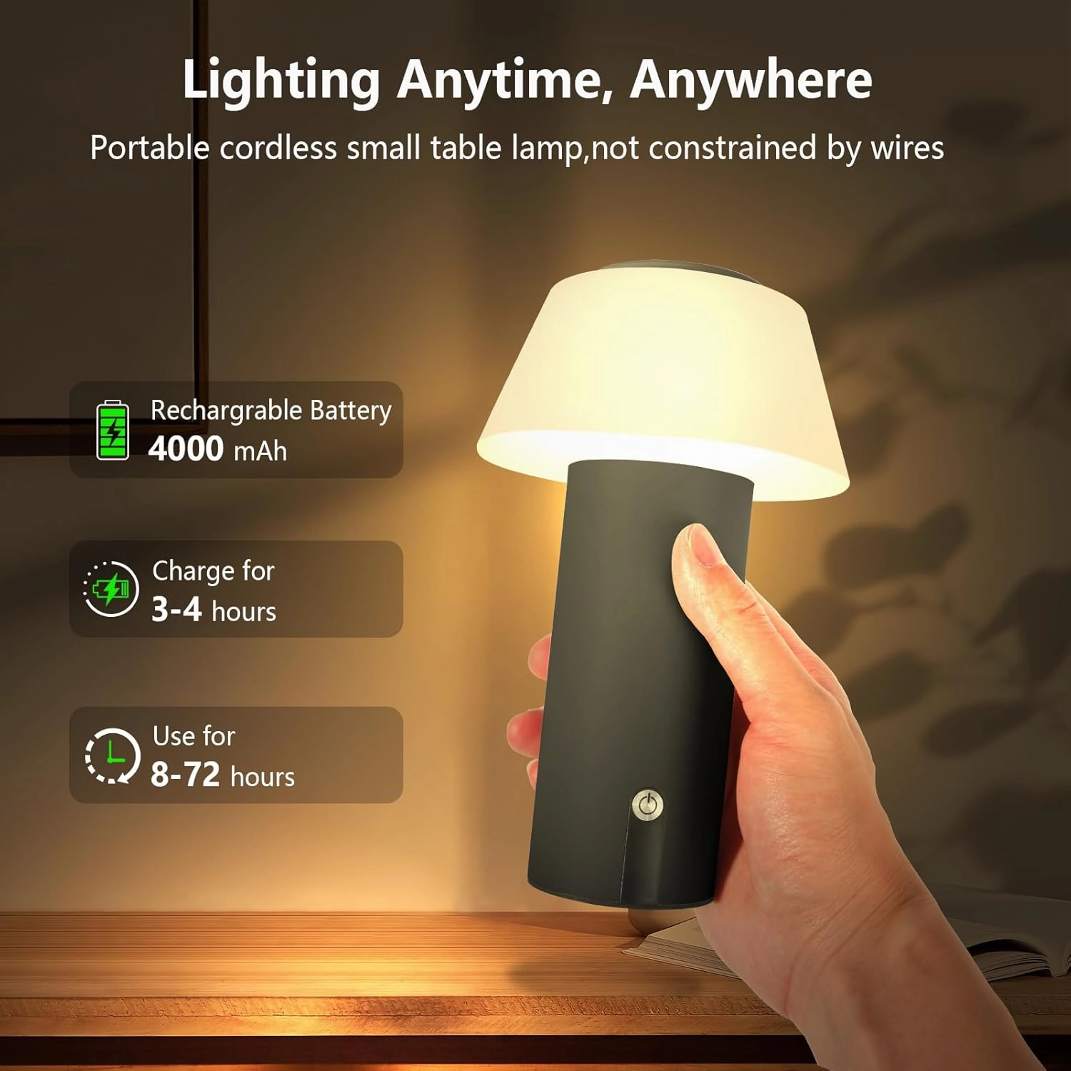 Mushroom Indoor/Outdoor Waterproof Shower LED Table Lamp - Battery Operated, Cordless, Portable, Rechargeable, Touch Dimming for Bedroom, Dinning, Patio (Black)