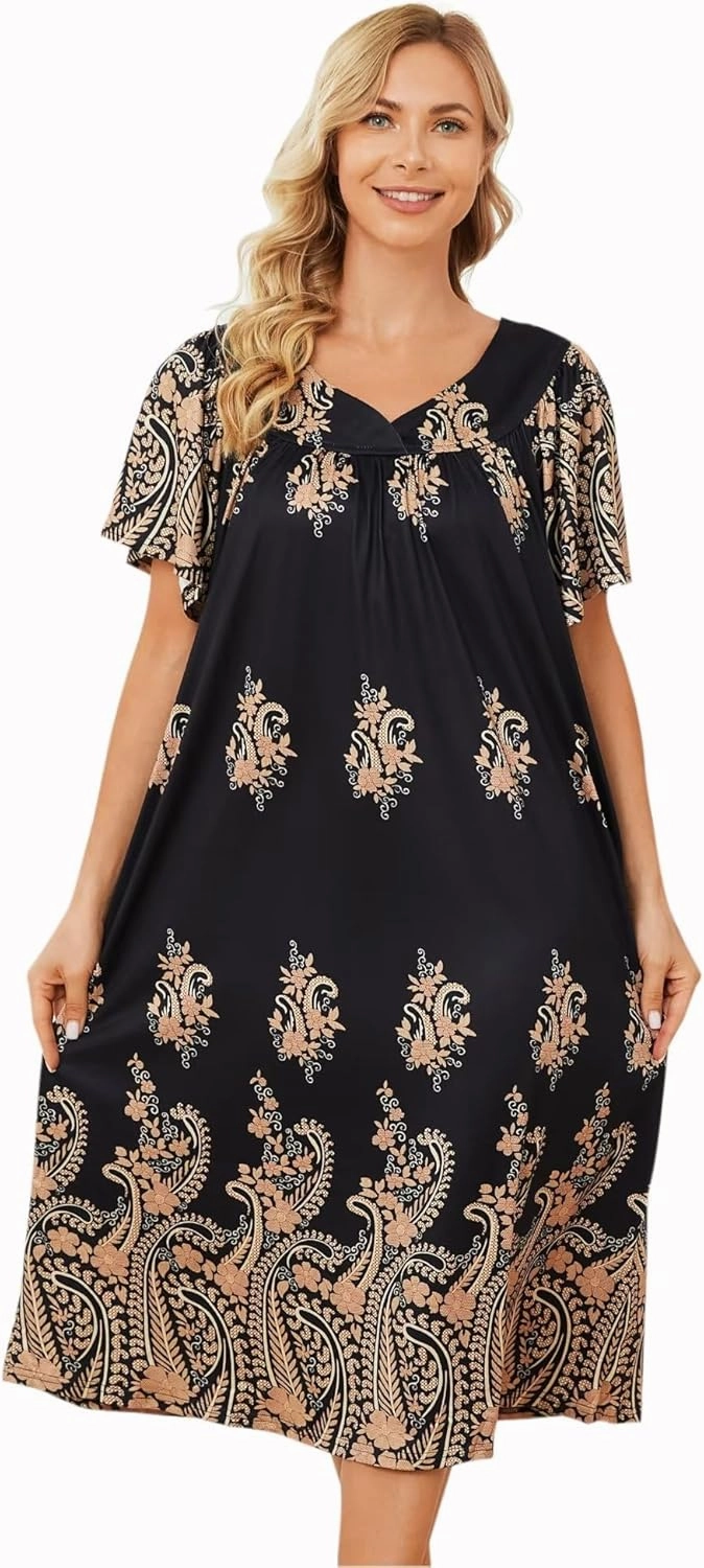 Muumuu House Dresses for Women Nightgown Duster Moomoo Short Sleeve Patio Dress with Pockets S-3XL